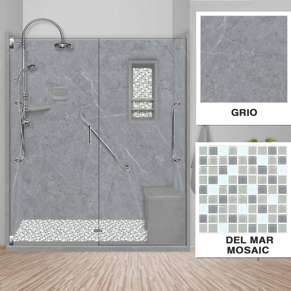 Freedom Grio Marble Del Mar Mosaic Alcove Shower Enclosure Kit