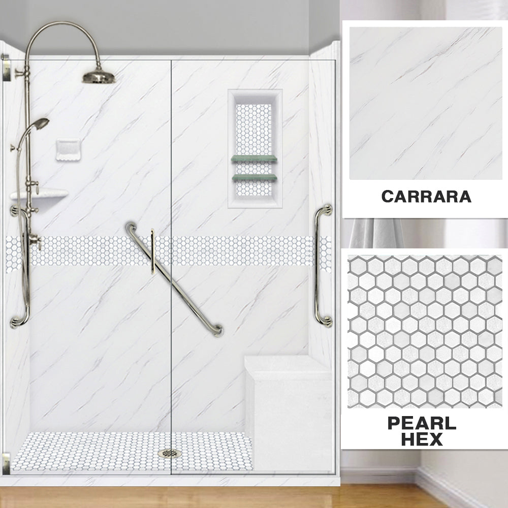 Freedom 60" Alcove Carrara Medici Marble & Pearl Hex Mosaic Accent Shower Remodel Kit