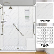 Freedom 60" Alcove Carrara Medici Marble & Pearl Hex Mosaic Accent Shower Remodel Kit