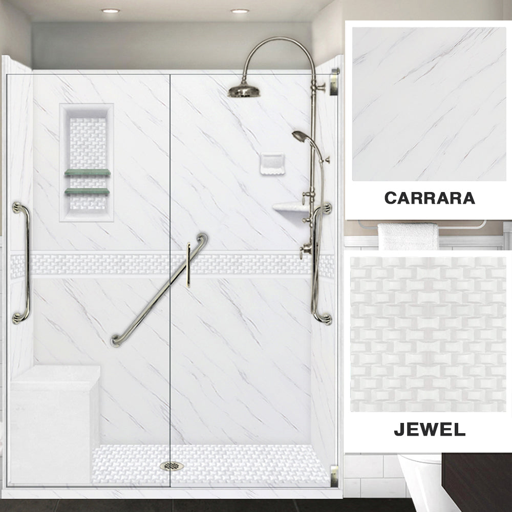 Freedom 60" Alcove Carrara Medici Marble & Jewel Stone Accent Shower Remodel Kit