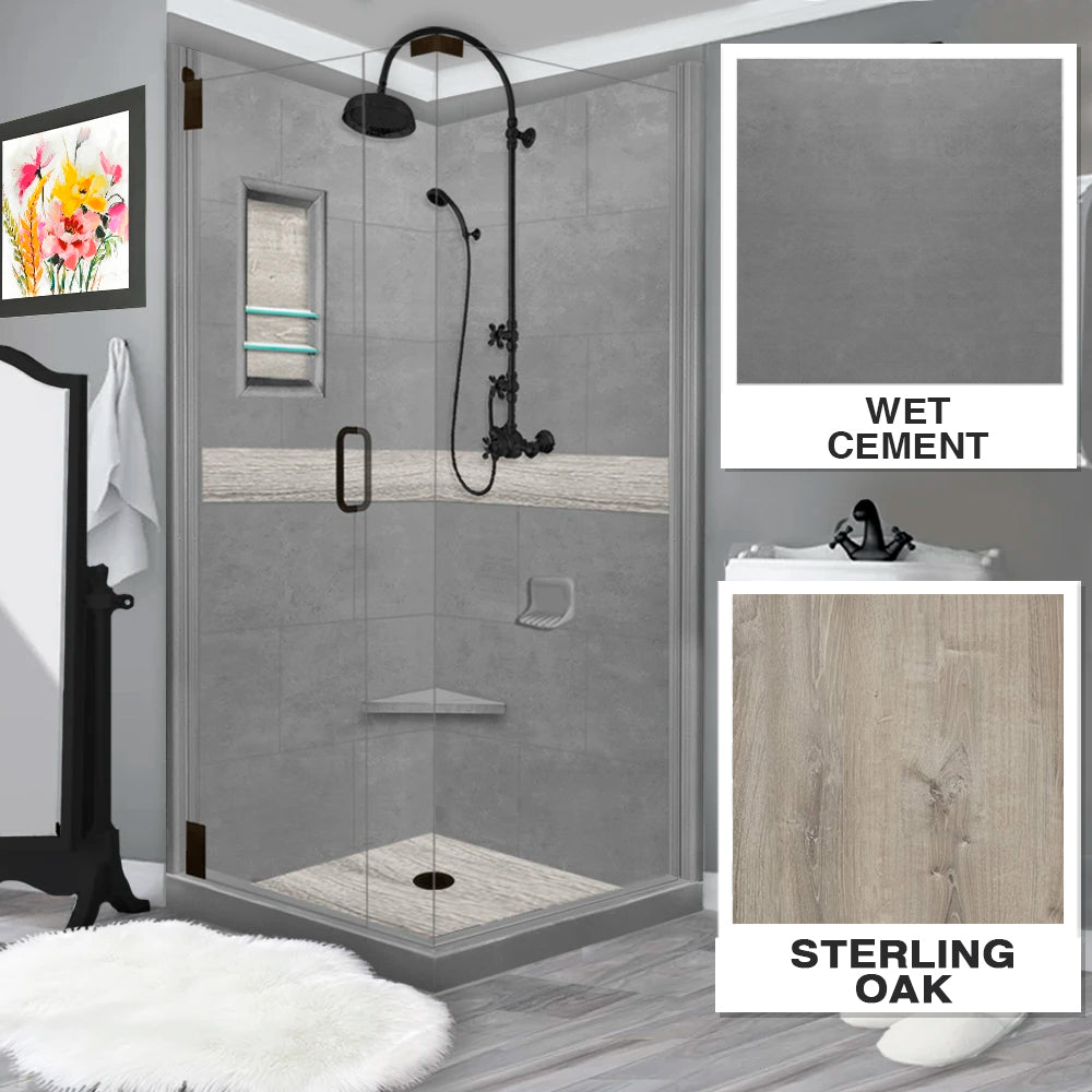 Corner Wet Cement Sistine Stone & Sterling Oak Wood Accent Shower Remodel Kit