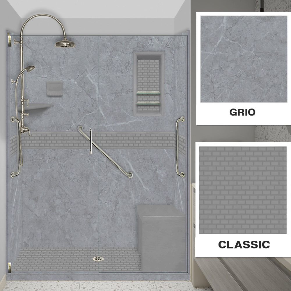 Freedom 60" Alcove Grio Medici Marble & Classic Stone Accent Shower Remodel Kit