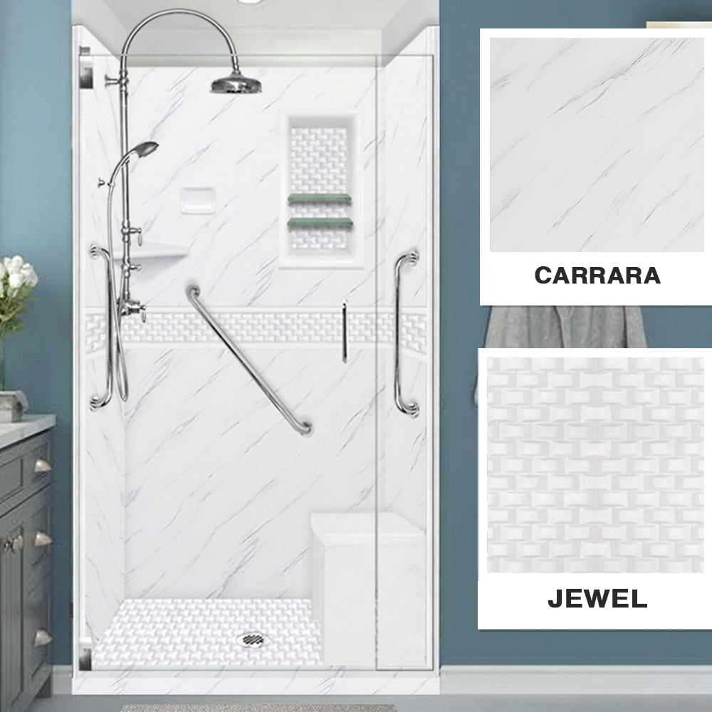 Freedom 60" Alcove Carrara Medici Marble & Jewel Stone Accent Shower Remodel Kit