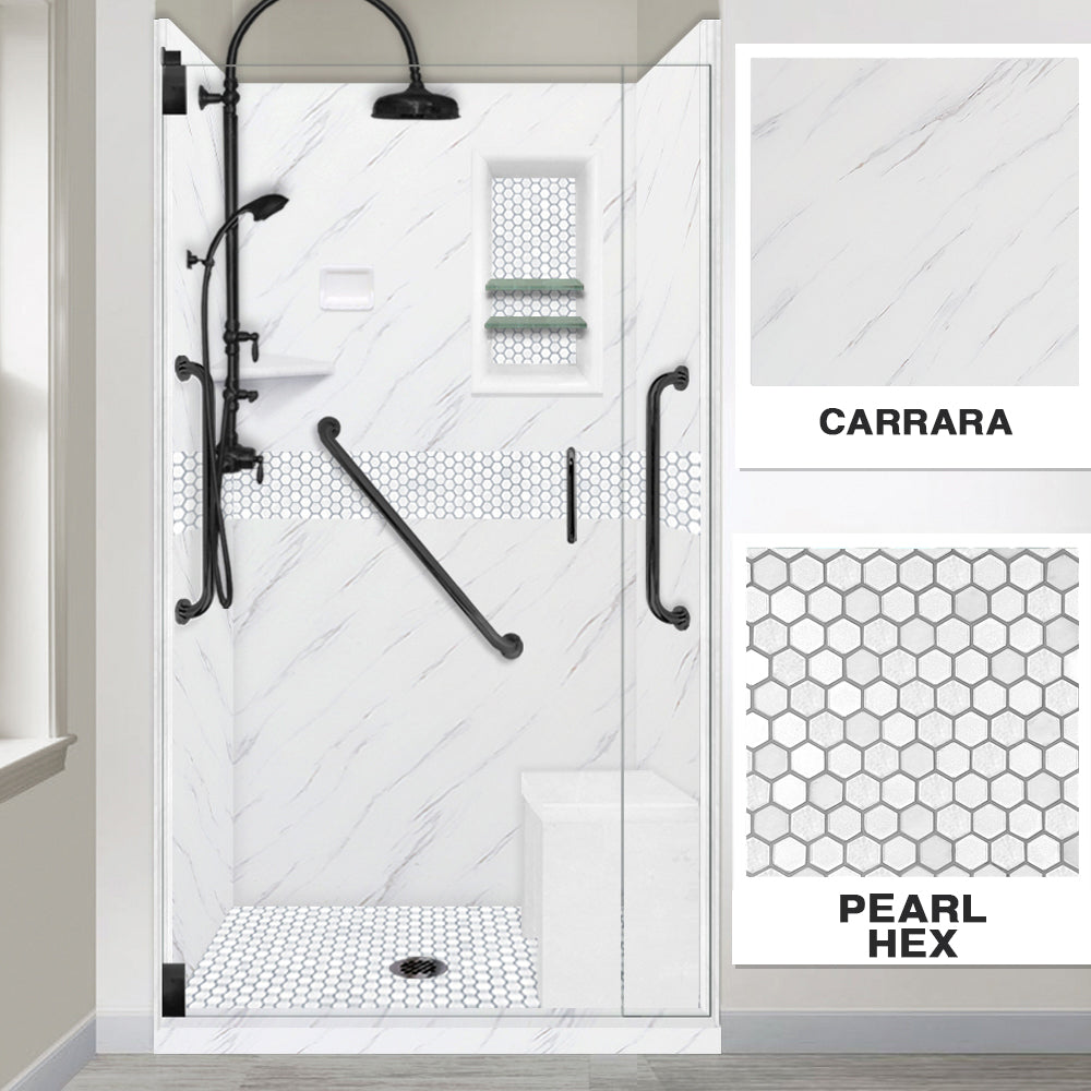 Freedom 60" Alcove Carrara Medici Marble & Pearl Hex Mosaic Accent Shower Remodel Kit