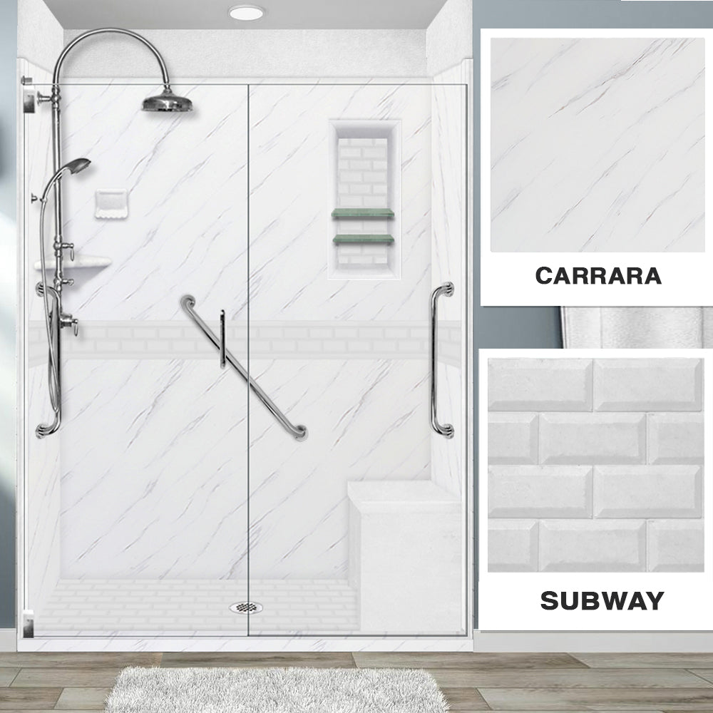 Freedom 60" Alcove Carrara Medici Marble & Subway Stone Accent Shower Remodel Kit