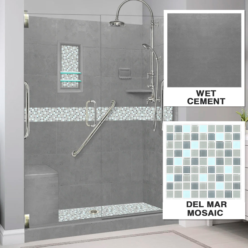 Freedom 60" Alcove Wet Cement Sistine Stone & Del Mar Mosaic Accent Shower Remodel Kit