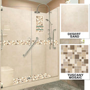 Limited Stock - Freedom 60" Alcove Desert Sand Sistine Stone & Tuscany Mosaic Accent Shower Remodel Kit (60X32 Right Drain)