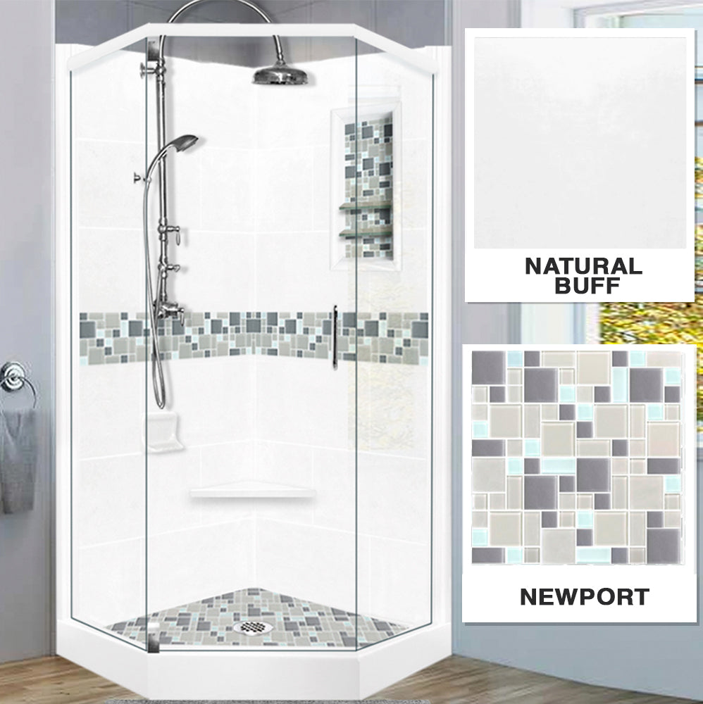 Neo-Angle Natural Buff Sistine Stone & Newport Mosaic Accent Shower Remodel Kit