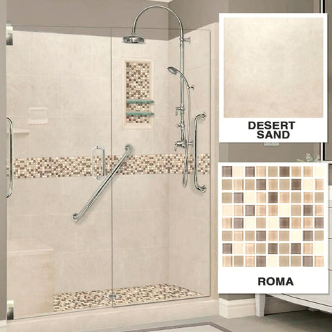Freedom Roma Mosaic Desert Sand 60" Alcove Stone Shower Enclosure Kit