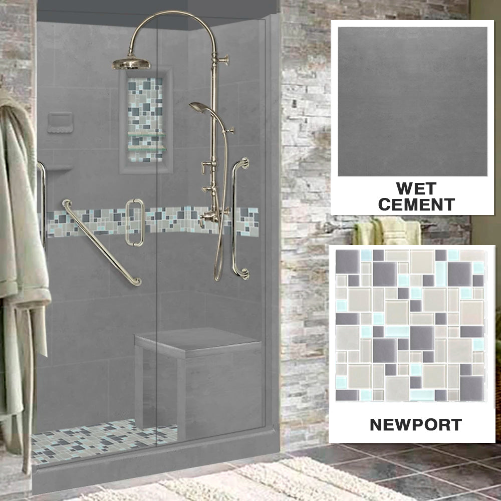 Freedom 60" Alcove Wet Cement Sistine Stone & Newport Mosaic Accent Shower Remodel Kit