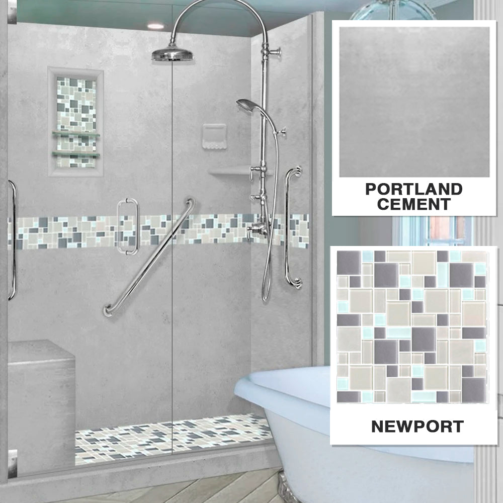 Freedom 60" Alcove Portland Cement Sistine Stone & Newport Mosaic Accent Shower Remodel Kit