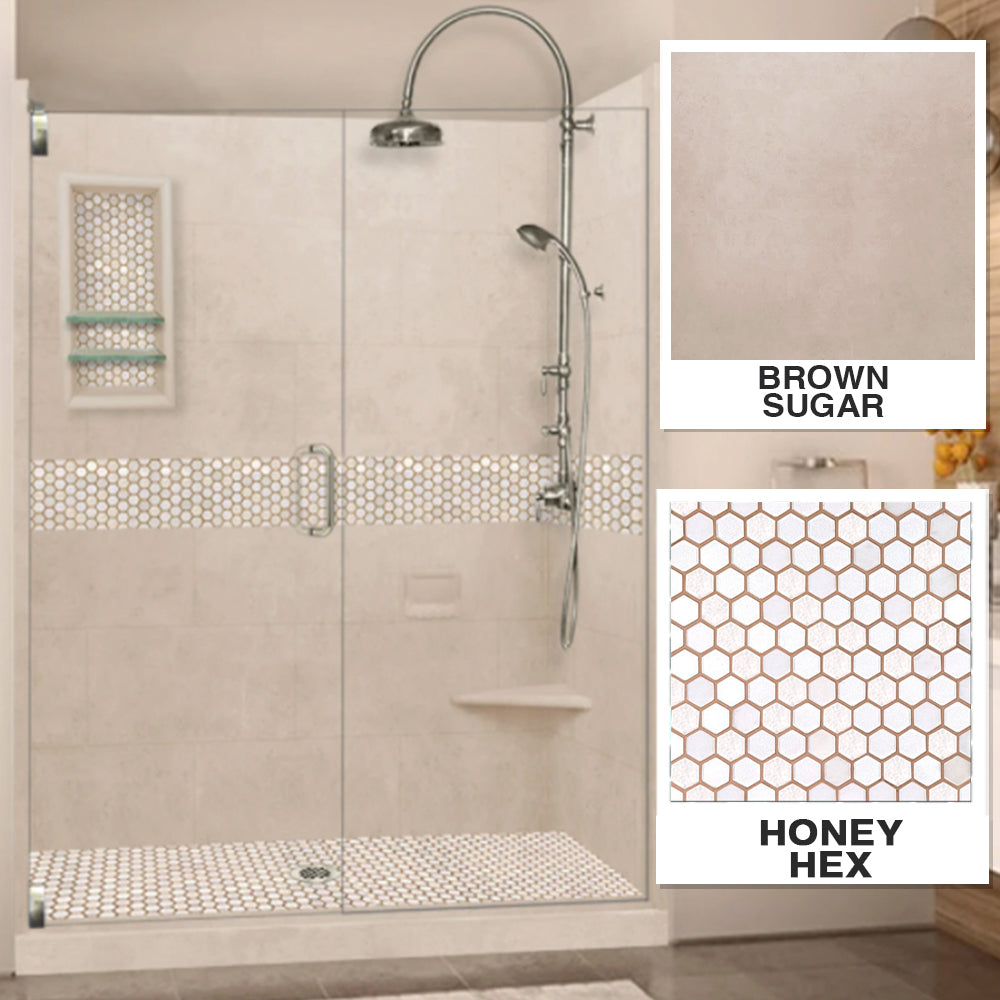 60" Alcove Brown Sugar Sistine Stone & Honey Hex Mosaic Accent Shower Remodel Kit