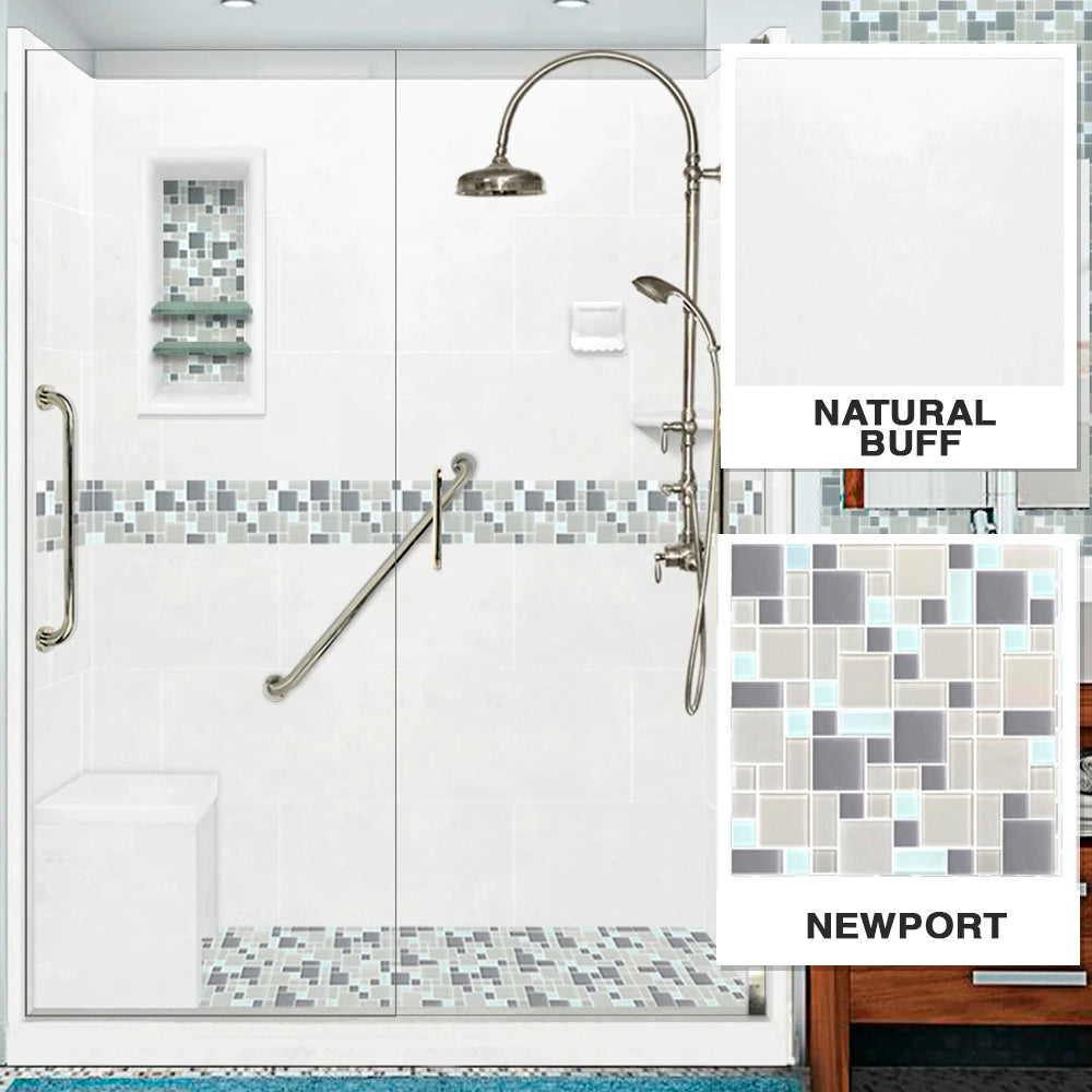 Freedom 60" Alcove Natural Buff Sistine Stone & Newport Mosaic Accent Shower Remodel Kit