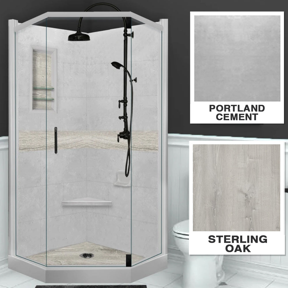 Neo-Angle Portland Cement Sistine Stone & Sterling Oak Wood Accent Shower Remodel Kit