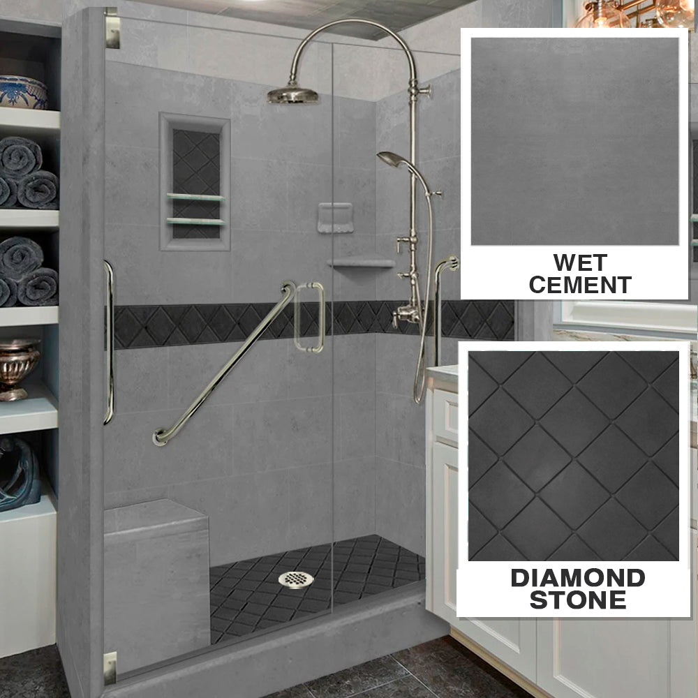 Freedom 60" Alcove Wet Cement Sistine Stone & Diamond Stone Accent Shower Remodel Kit
