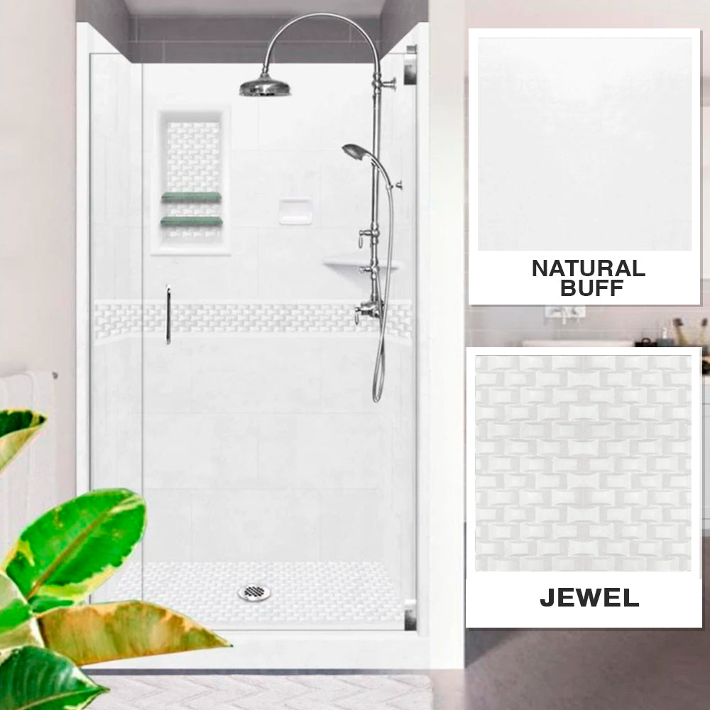 Alcove Natural Buff Sistine Stone & Jewel Stone Accent Shower Remodel Kit