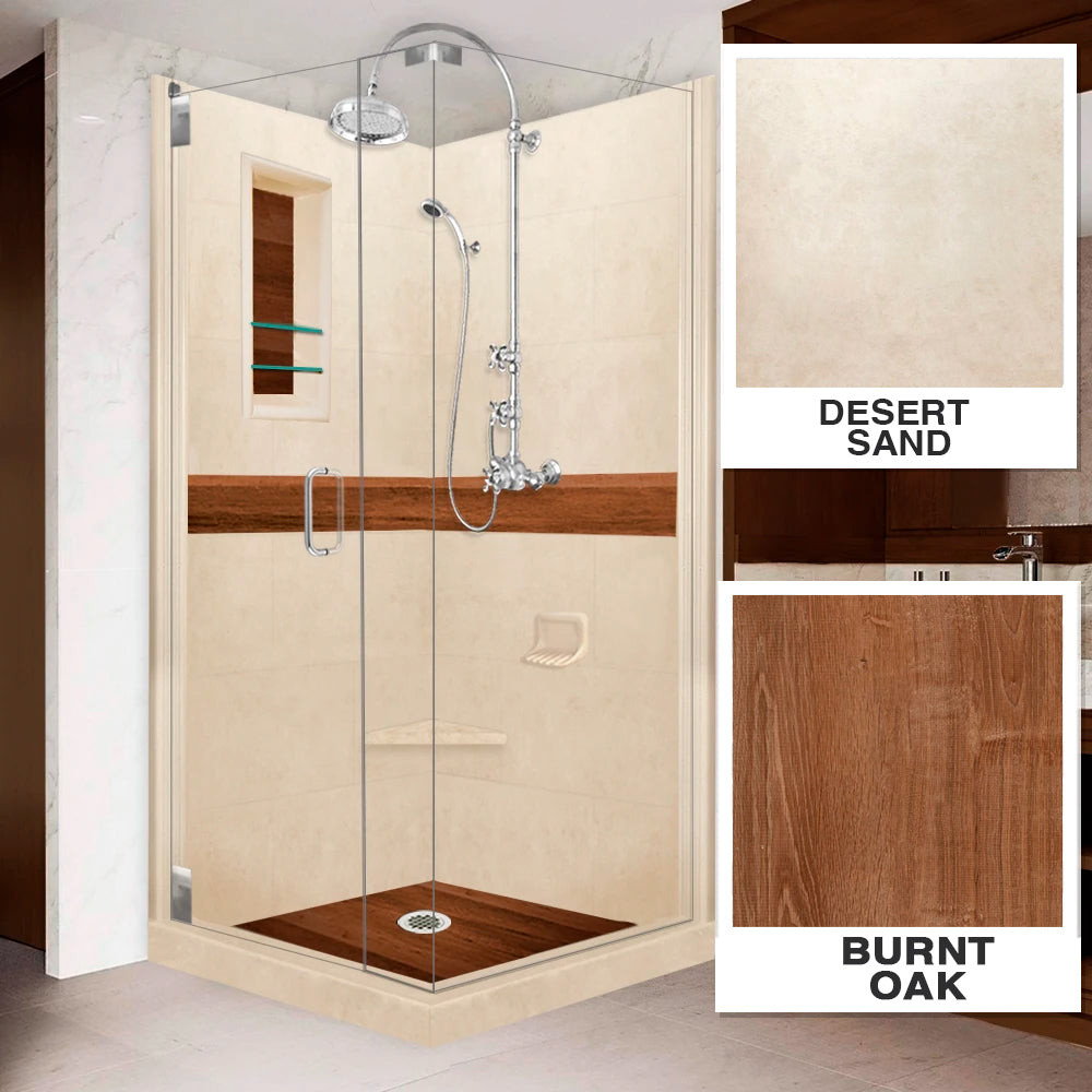 Corner Desert Sand Sistine Stone & Burnt Oak Wood Accent Shower Remodel Kit