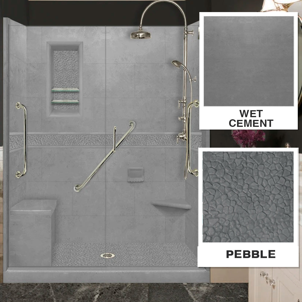 Freedom 60" Alcove Wet Cement Sistine Stone & Pebble Stone Accent Shower Remodel Kit
