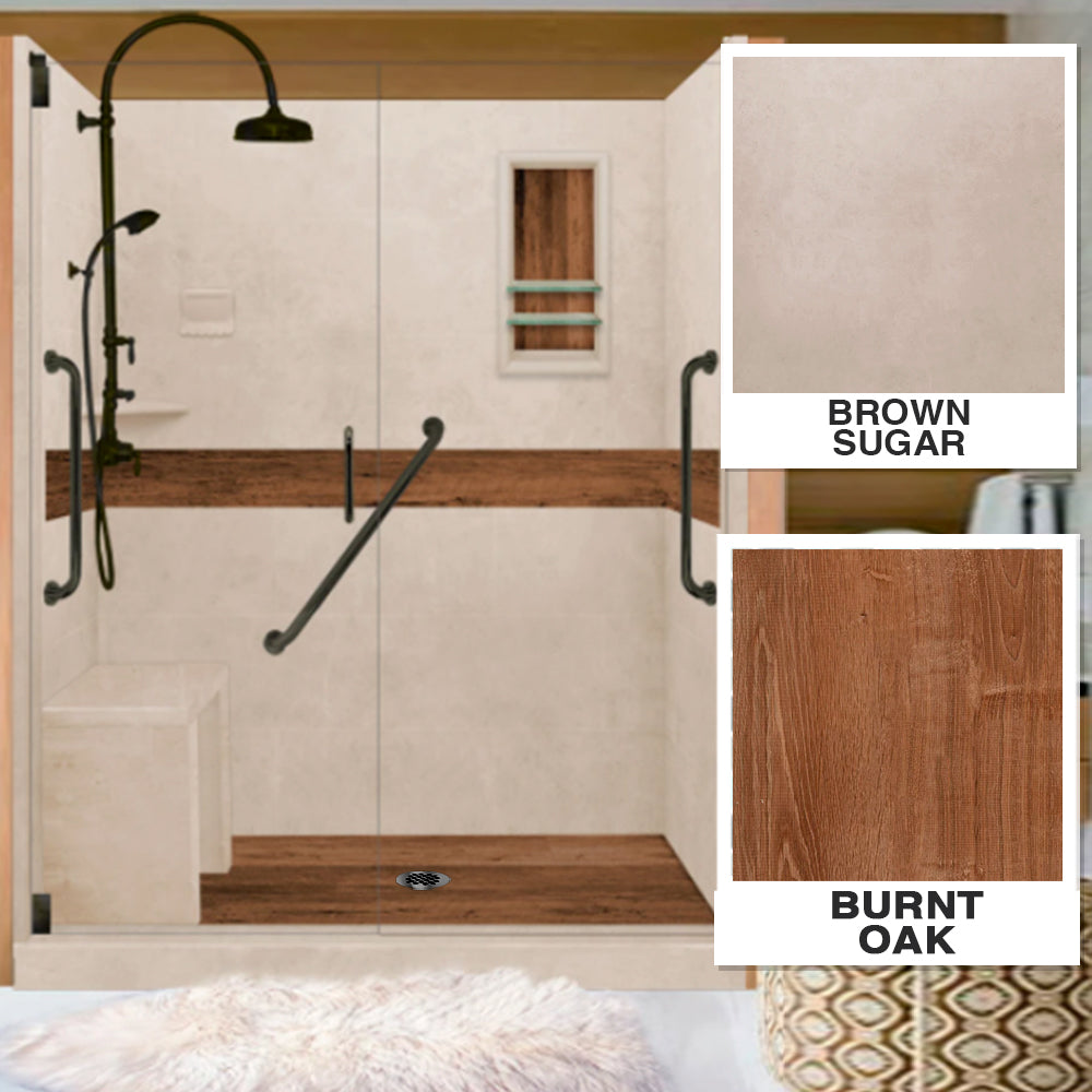 Freedom 60" Alcove Brown Sugar Sistine Stone & Burnt Oak Wood Accent Shower Remodel Kit