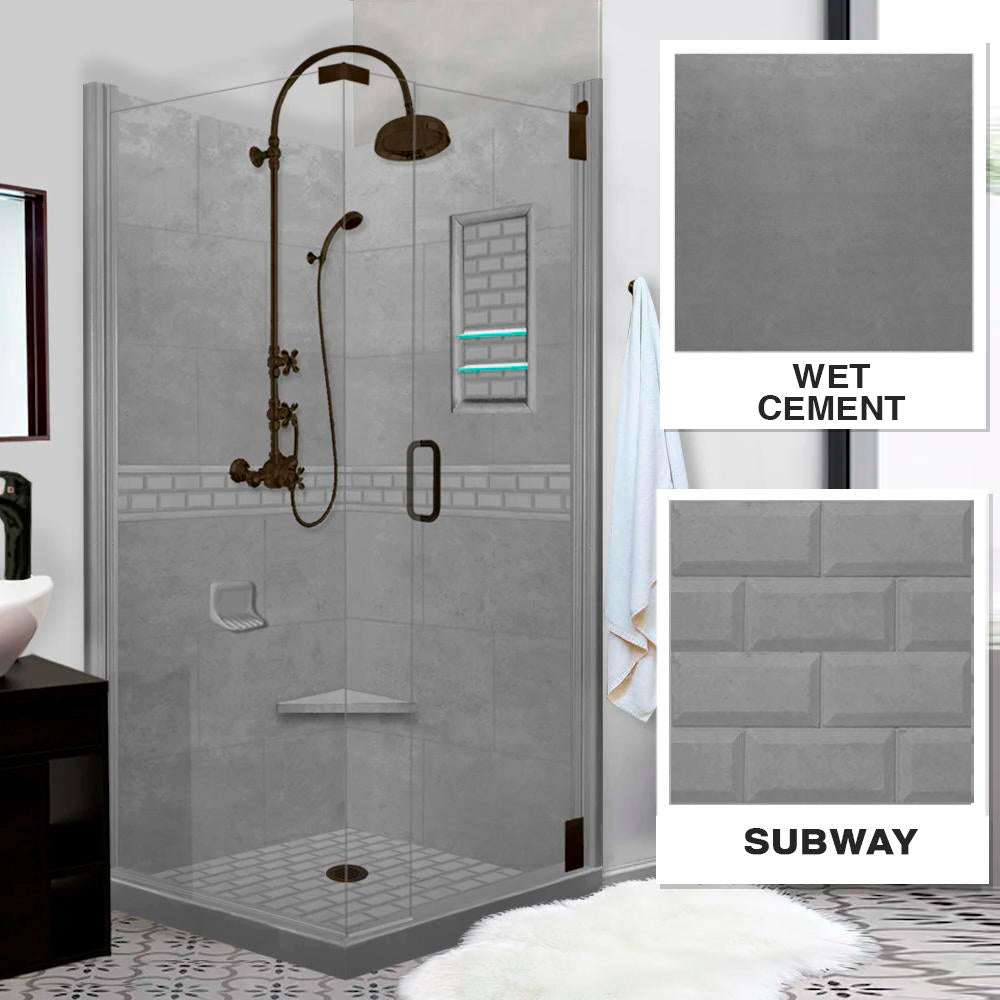 Corner Wet Cement Sistine Stone & Subway Stone Accent Shower Remodel Kit