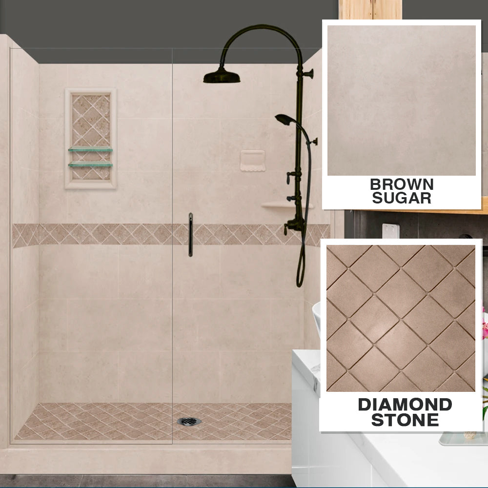 60" Alcove Brown Sugar Sistine Stone & Diamond Stone Accent Shower Remodel Kit