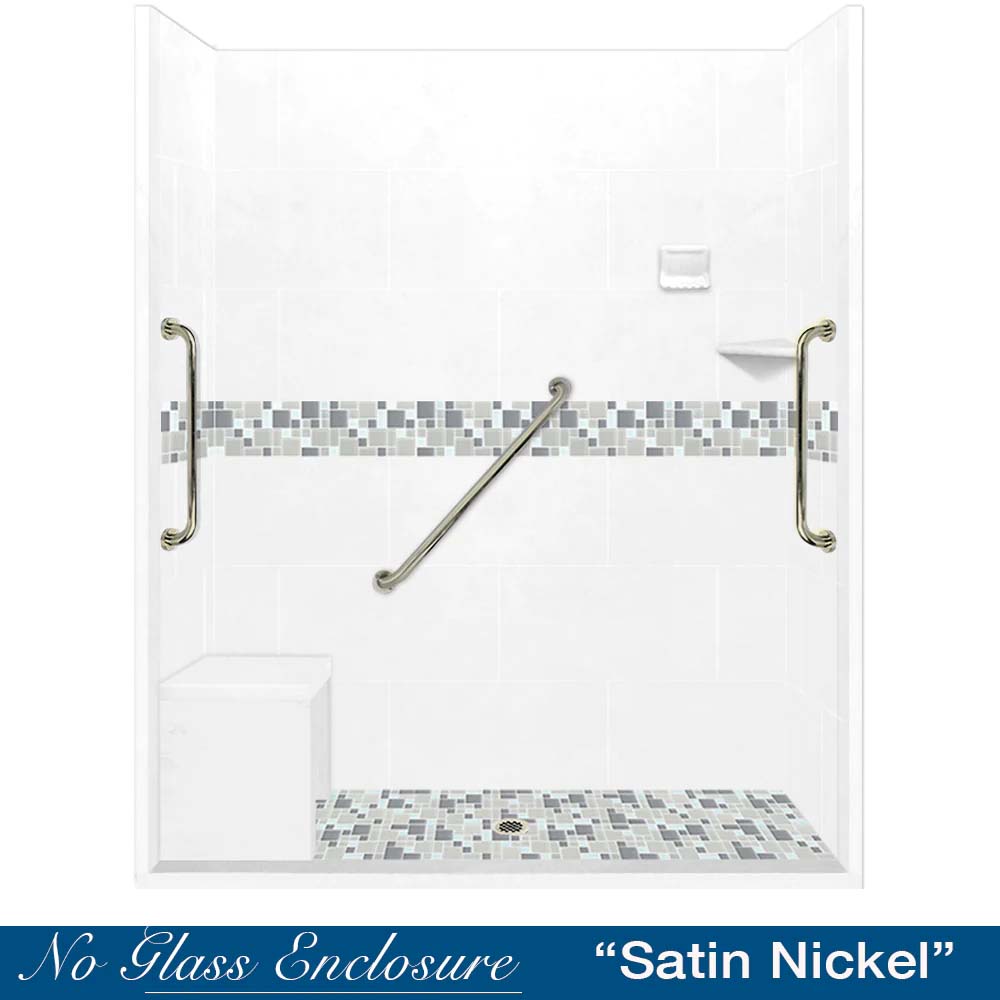 Freedom Zero 60" Alcove Natural Buff Sistine Stone & Newport Mosaic Accent Shower Remodel Kit