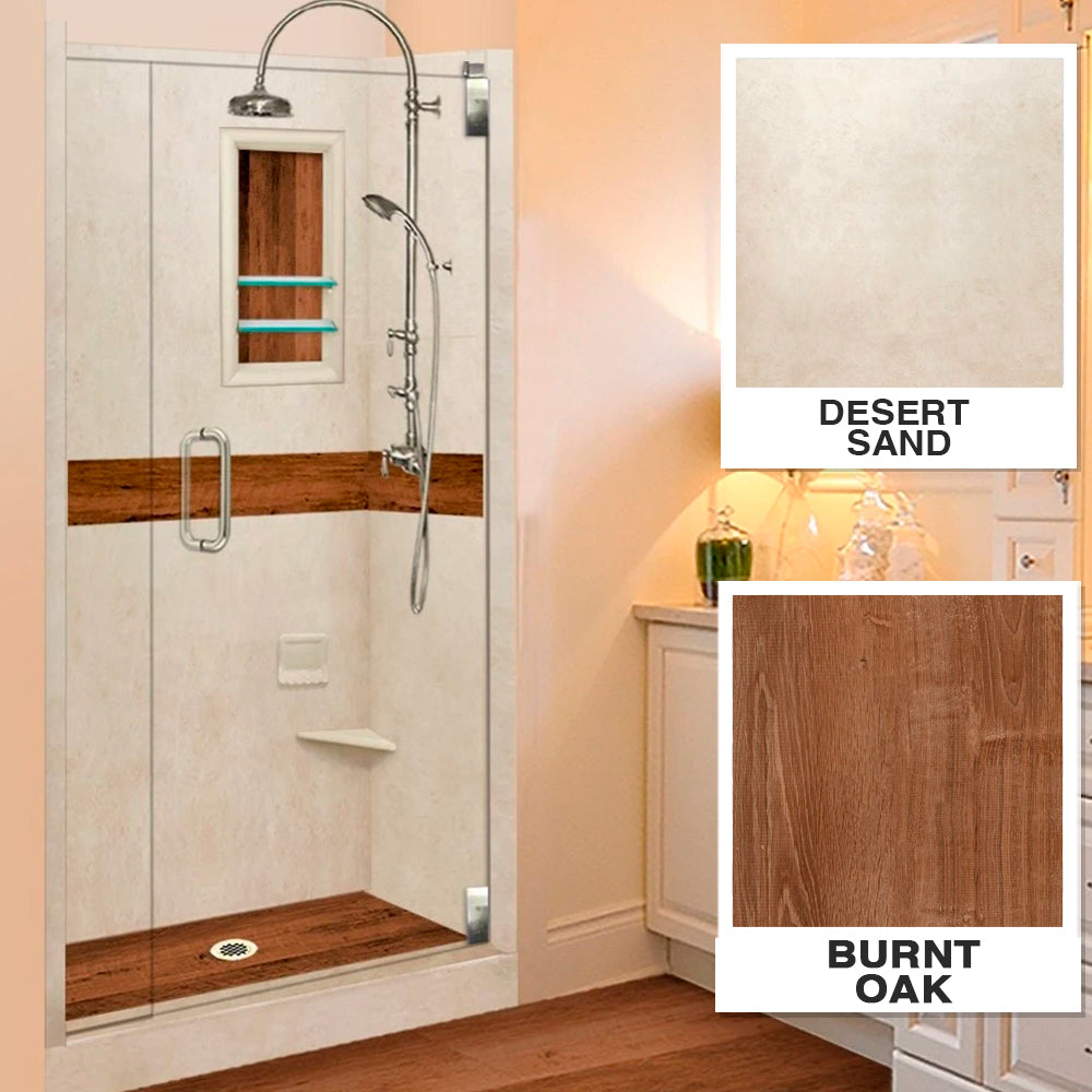 Alcove Desert Sand Sistine Stone & Burnt Oak Wood Accent Shower Remodel Kit