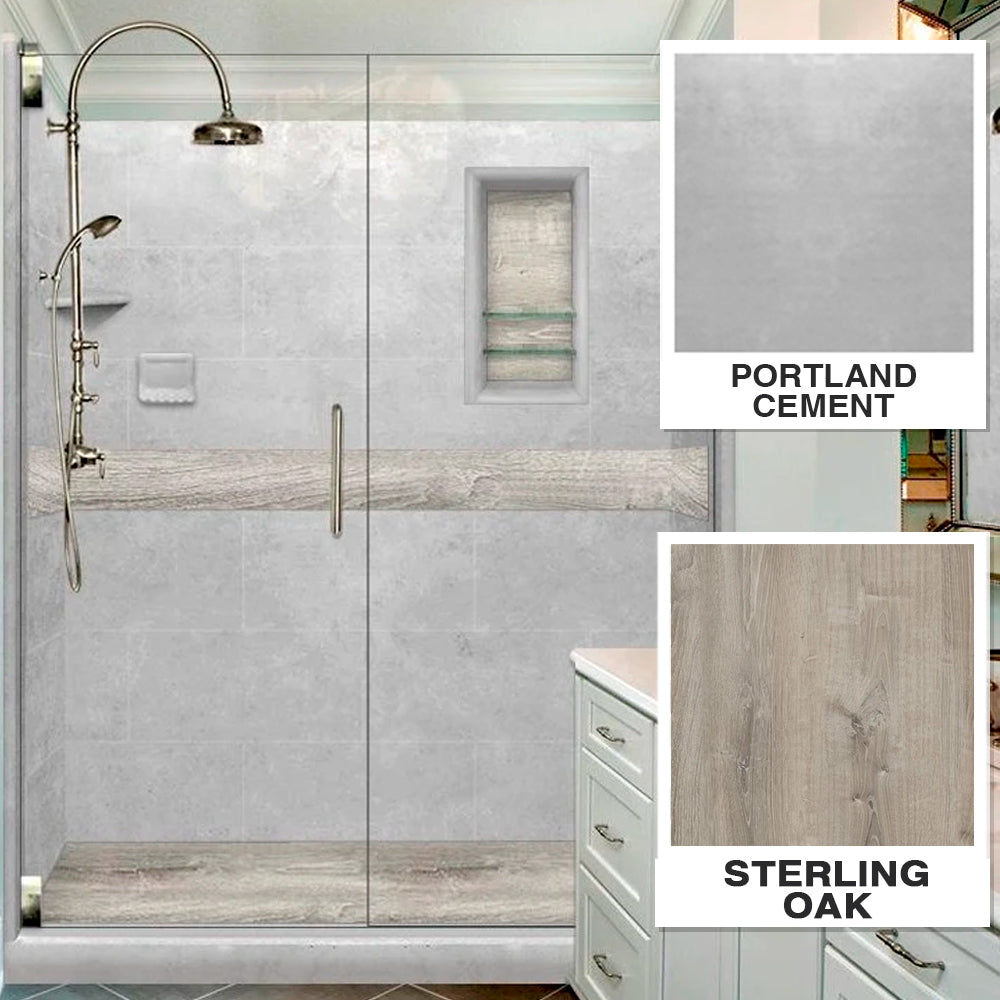 60" Alcove Wet Cement Sistine Stone & Sterling Oak Wood Accent Shower Remodel Kit