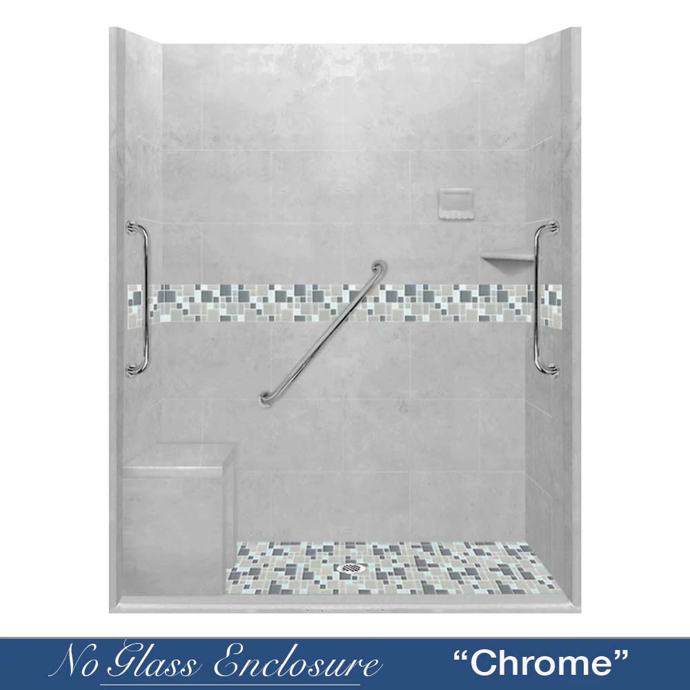 Freedom Zero 60" Alcove Portland Cement Sistine Stone & Newport Mosaic Accent Shower Remodel Kit