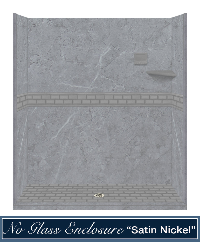 60" Alcove Grio Medici Marble & Subway Stone Accent Shower Remodel Kit