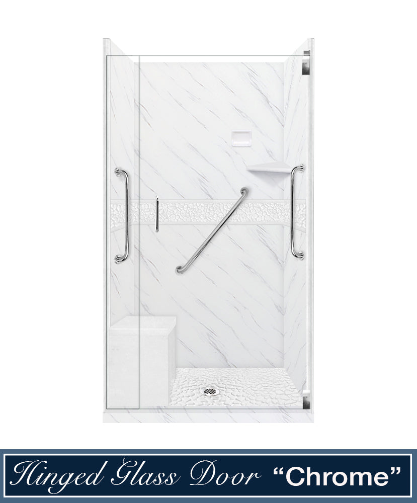 Freedom 60" Alcove Carrara Medici Marble & Pebble Stone Accent Shower Remodel Kit