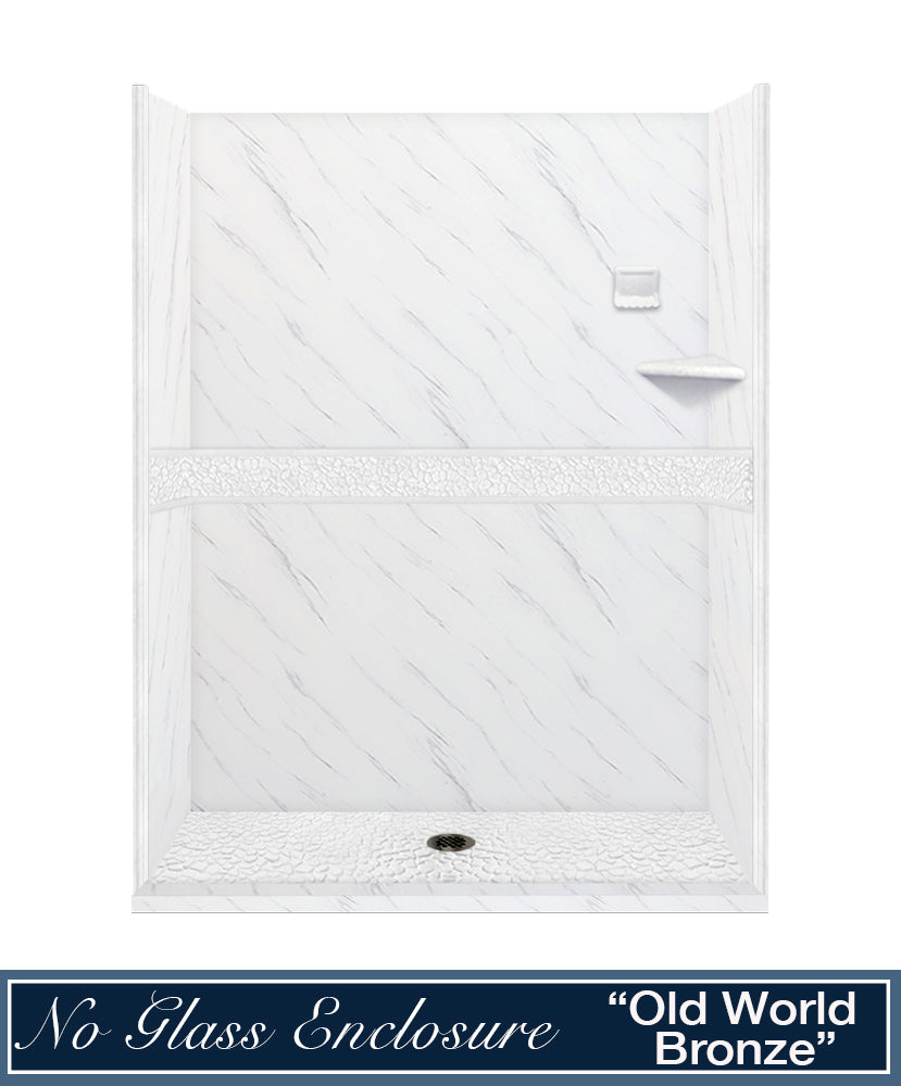 60" Alcove Carrara Medici Marble & pebble Stone Accent Shower Remodel Kit