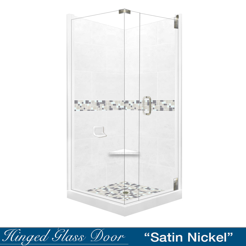 Corner Natural Buff Sistine Stone & Newport Mosaic Accent Shower Remodel Kit