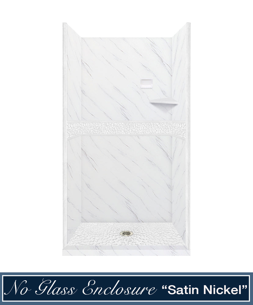 60" Alcove Carrara Medici Marble & pebble Stone Accent Shower Remodel Kit