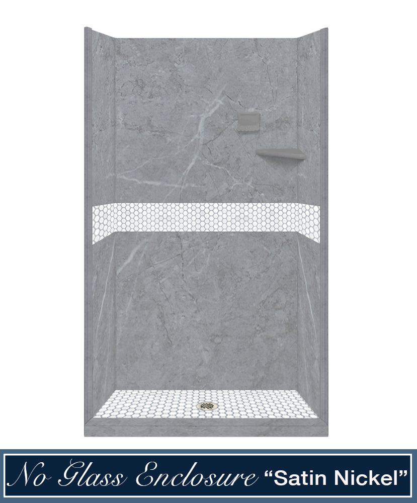 60" Alcove Grio Medici Marble & Pearl Hex Mosaic Accent Shower Remodel Kit