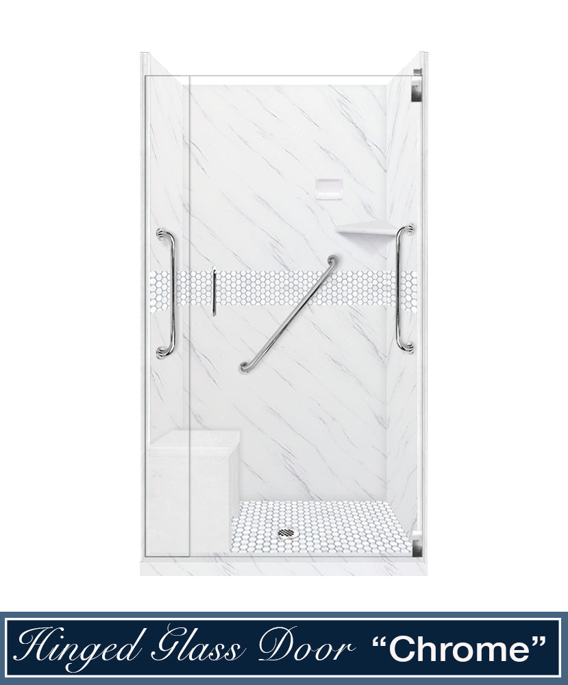 Freedom 60" Alcove Carrara Medici Marble & Pearl Hex Mosaic Accent Shower Remodel Kit