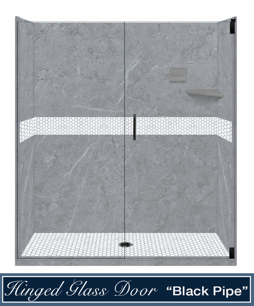 60" Alcove Grio Medici Marble & Pearl Hex Mosaic Accent Shower Remodel Kit