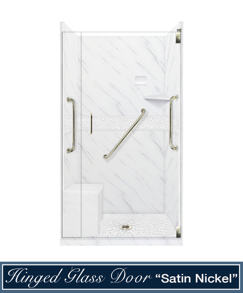 Freedom 60" Alcove Carrara Medici Marble & Pebble Stone Accent Shower Remodel Kit
