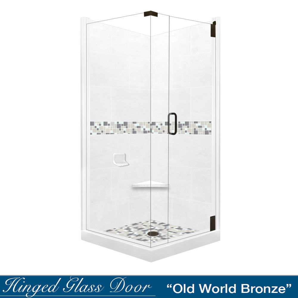 Corner Natural Buff Sistine Stone & Newport Mosaic Accent Shower Remodel Kit