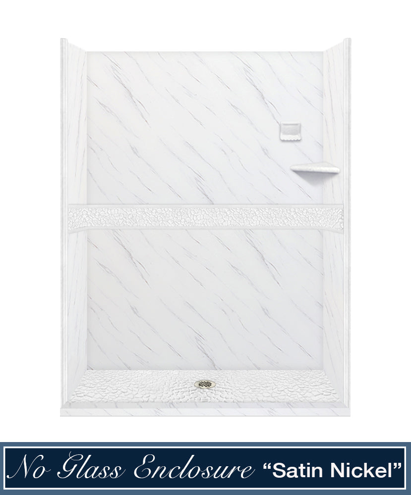 60" Alcove Carrara Medici Marble & pebble Stone Accent Shower Remodel Kit