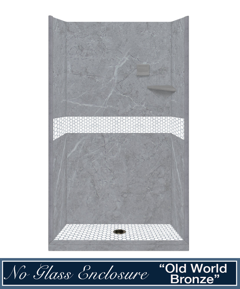 60" Alcove Grio Medici Marble & Pearl Hex Mosaic Accent Shower Remodel Kit