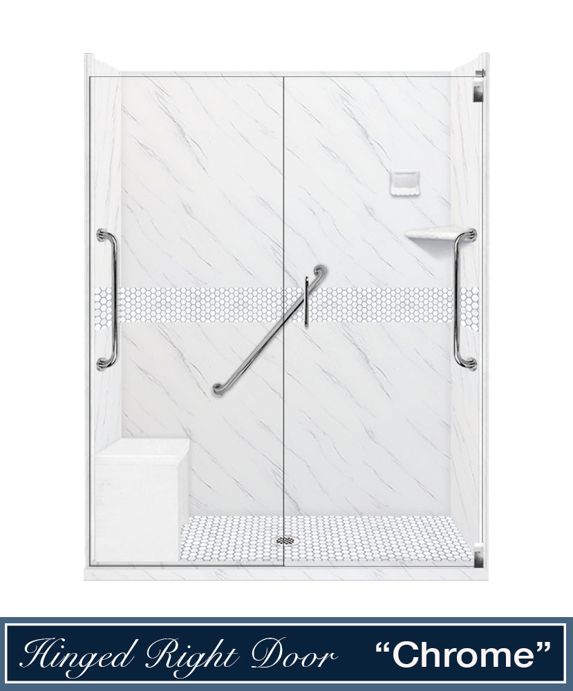 Freedom 60" Alcove Carrara Medici Marble & Pearl Hex Mosaic Accent Shower Remodel Kit
