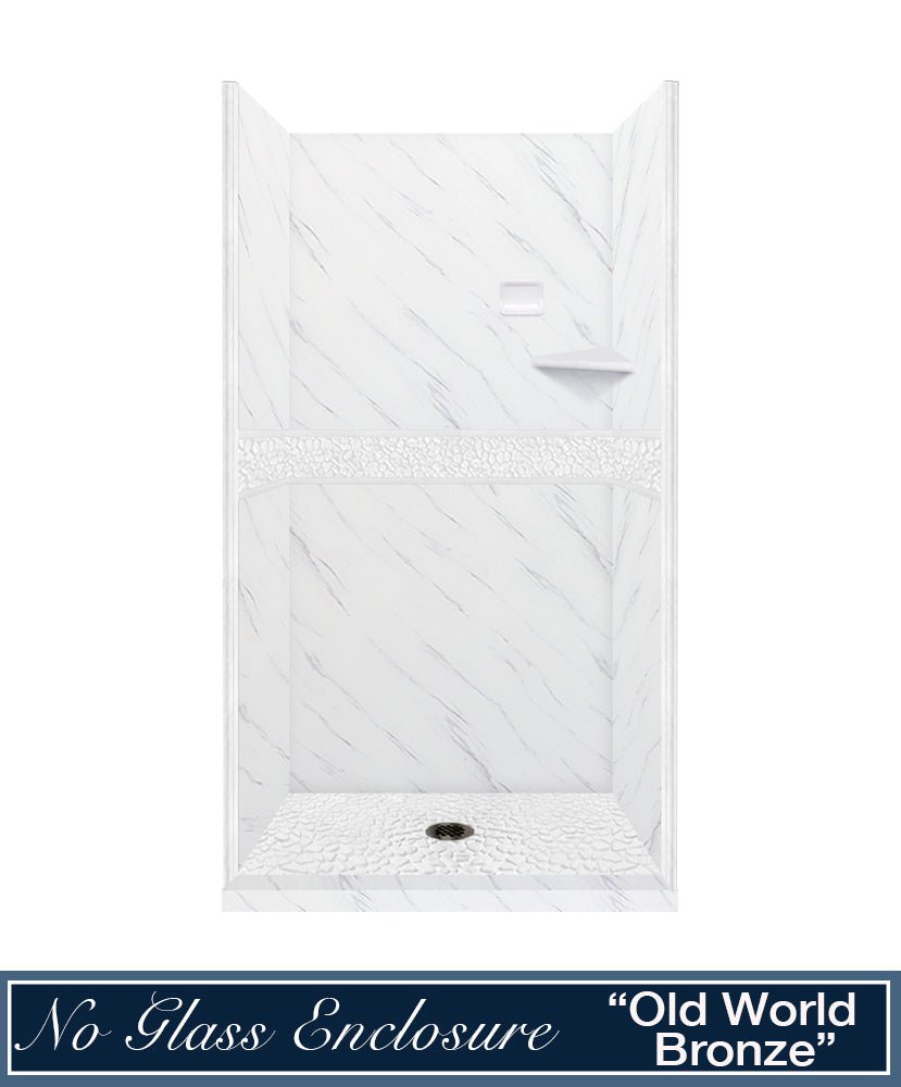 60" Alcove Carrara Medici Marble & pebble Stone Accent Shower Remodel Kit