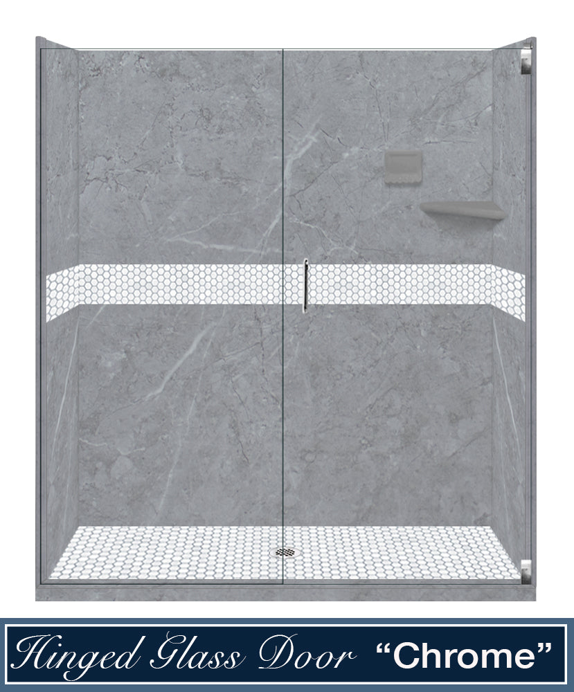 60" Alcove Grio Medici Marble & Pearl Hex Mosaic Accent Shower Remodel Kit