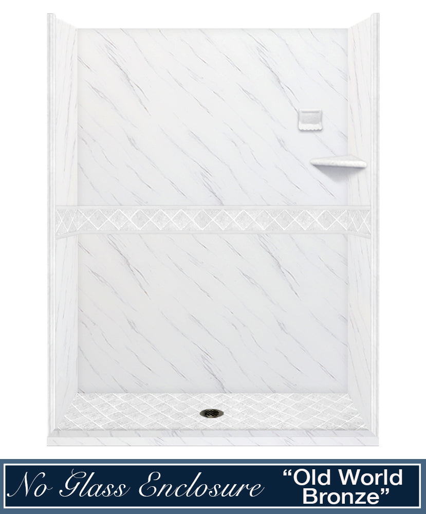 60" Alcove Carrara Medici Marble & Diamond Stone Accent Shower Remodel Kit