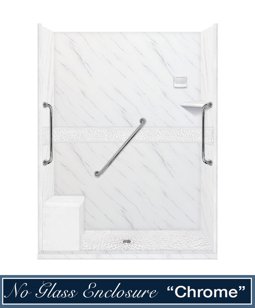 Freedom 60" Alcove Carrara Medici Marble & Pebble Stone Accent Shower Remodel Kit