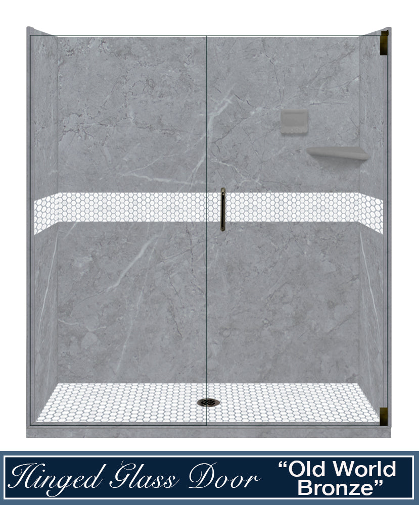 60" Alcove Grio Medici Marble & Pearl Hex Mosaic Accent Shower Remodel Kit