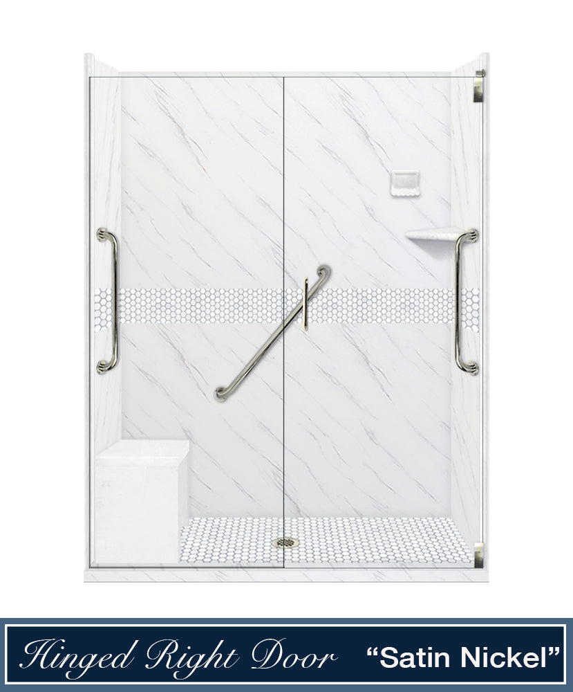 Freedom 60" Alcove Carrara Medici Marble & Pearl Hex Mosaic Accent Shower Remodel Kit