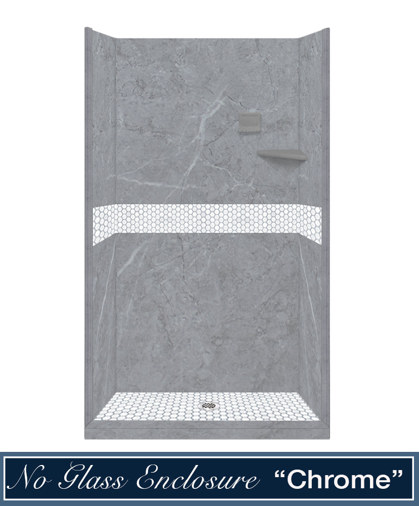 60" Alcove Grio Medici Marble & Pearl Hex Mosaic Accent Shower Remodel Kit