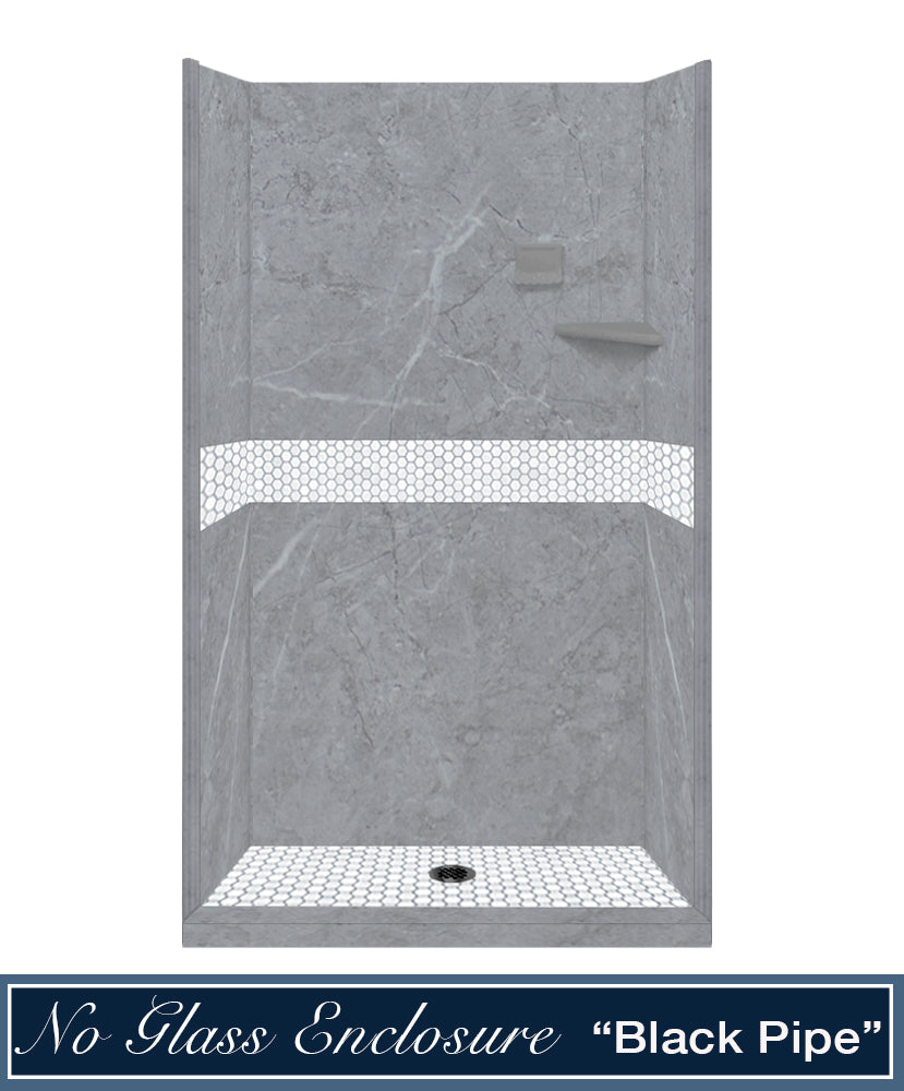 60" Alcove Grio Medici Marble & Pearl Hex Mosaic Accent Shower Remodel Kit